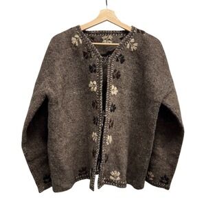 Vintage handmade Brown Wool Floral Embroidered Folk Cardigan Sweater size M